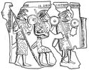 Thumbnail of Interpretive reconstruction drawing of sheet panels, detail: silver-gilt, three warriors marching right. 