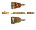 Thumbnail of Working image for catalogue no. 520. Gold mount, tongue-shaped with animal head and garnet cloisonné 