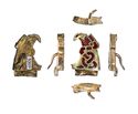 Thumbnail of Working image for catalogue no 558. Strip-mount,gold and garnet cloisonné, filigree serpent mounts. K5008 front 