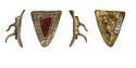 Thumbnail of Working image for catalogue no. 493. Gold mount of triangular form with filigree scrollwork and garnet gem-setting 