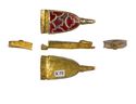 Thumbnail of Working image for catalogue no. 518. Gold mount, tongue-shaped with animal head and garnet cloisonné 