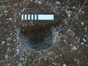 Thumbnail of North facing section of stake hole [12203]. 1x0.2m scale. Viewed from the North