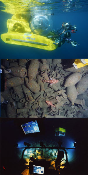 The Remora 2000 during the mission in Marseille, amphora on the Port-Miou C wreck, and the wreck site viewed from the submarine.