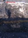 Thumbnail of Trench 2, section looking north. Ashy clinker levelling and makeup layers (202 and 205) beneath the present concrete slab (201) and former concrete roadway (203) Sterile natural clay (206) at base