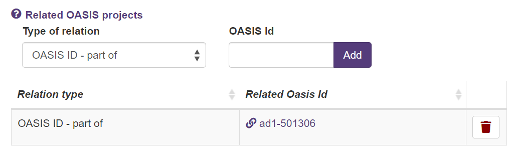 Screen grab of test OASIS record showing the related projects function