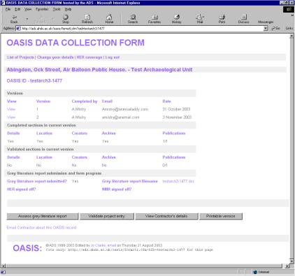 Figure 19: Example of a project summary page from the OASIS form.