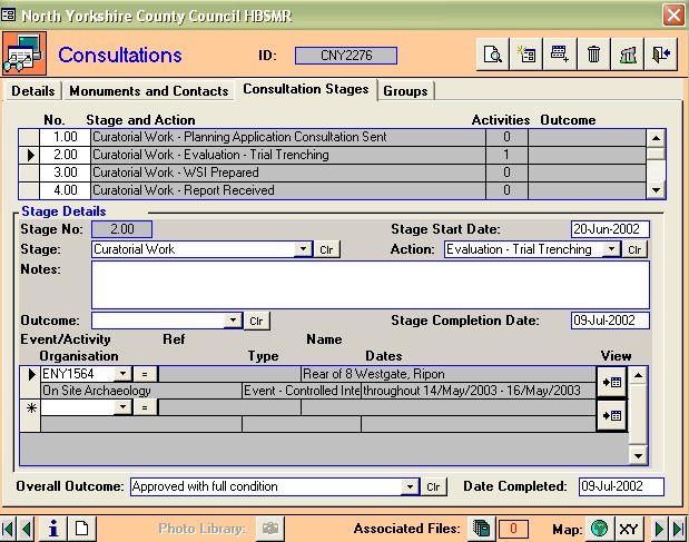 Figure 24: A typical consultation record from the North Yorkshire County Council HER showing the Consultation Stages tab and the link to the related event record.
