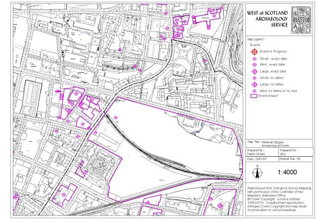 Figure 34: WoSAS Events 2: The event record for the heart of medieval Glasgow showing numerous events as points and polygons.