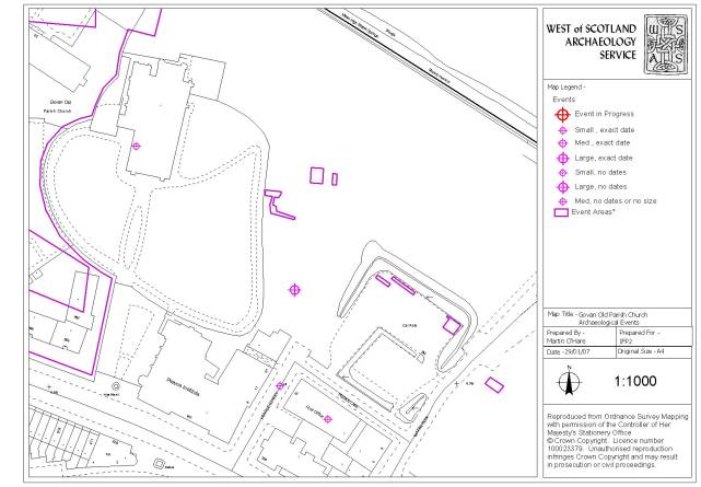 Figure 28: WoSAS Events 1: An example of an archaeological evaluation specified to trench level in the area surrounding Govan Old Parish Church, Glasgow, derived from contractor supplied data.