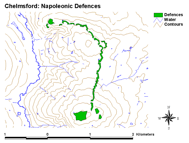 Figure 44: A GIS layer showing the use of polygons to show the extent of the early 19th-century defences at Chelmsford.