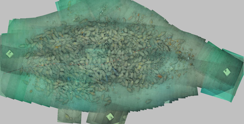 Orthoimage of the Port-Miou-C wreck in Marseille. The image is derived from stiching many individual photographs together and is essential in reconstructing the ship. The raw data for this orthoimage can be found in the VENUS archive.   © VENUS. 