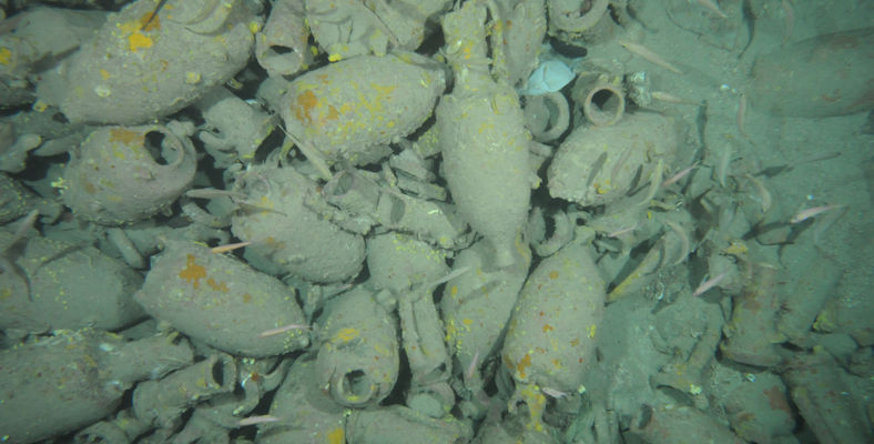 Underwater digital photograph of a lost cargo of amphorae now populated by fish. This image, and many more wonderful underwater photographs, can be found in the VENUS archive, alongside the reports and survey data.  © VENUS.