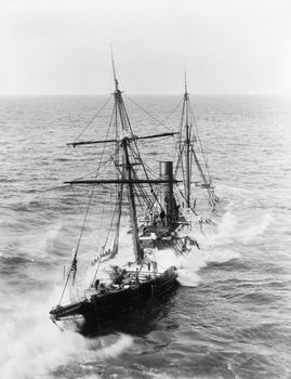Port bow view of the passenger liner Malta (1865) wrecked off the rocks in the bay on the north-east side of Kendijack Castle.