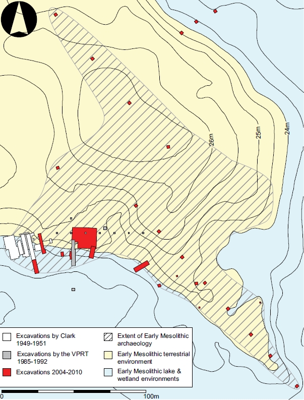 Map of area showing the location of previous excavations and the early mesolithic activity.