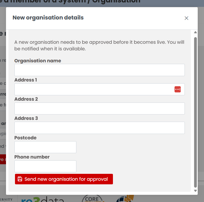 Image showing the new organisation detail entry form.